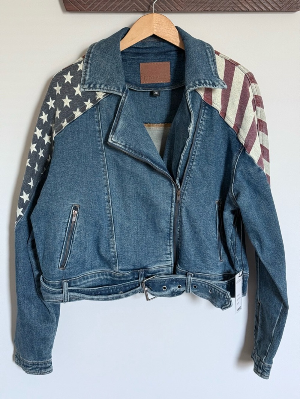 NWT Judy Blue American Flag Denim Jean Jacket 2XL Americana Moto Biker